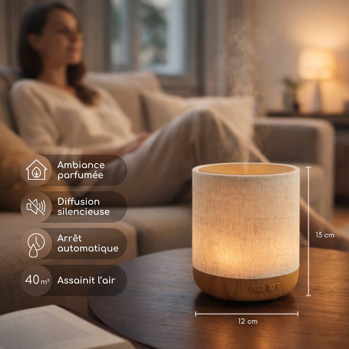 Ultrasonic Diffuser – Alesia – in Linen and Wood – Cold Diffusion – Aromatherapy Essential Oils – Decorative Gift Idea