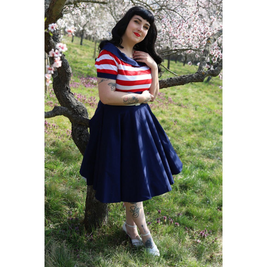 EU Stock Darlene Retro Swing Dress in Navy med røde og hvide striber