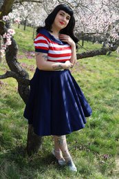 EU Stock Darlene Retro Swing Dress in Navy med røde og hvide striber