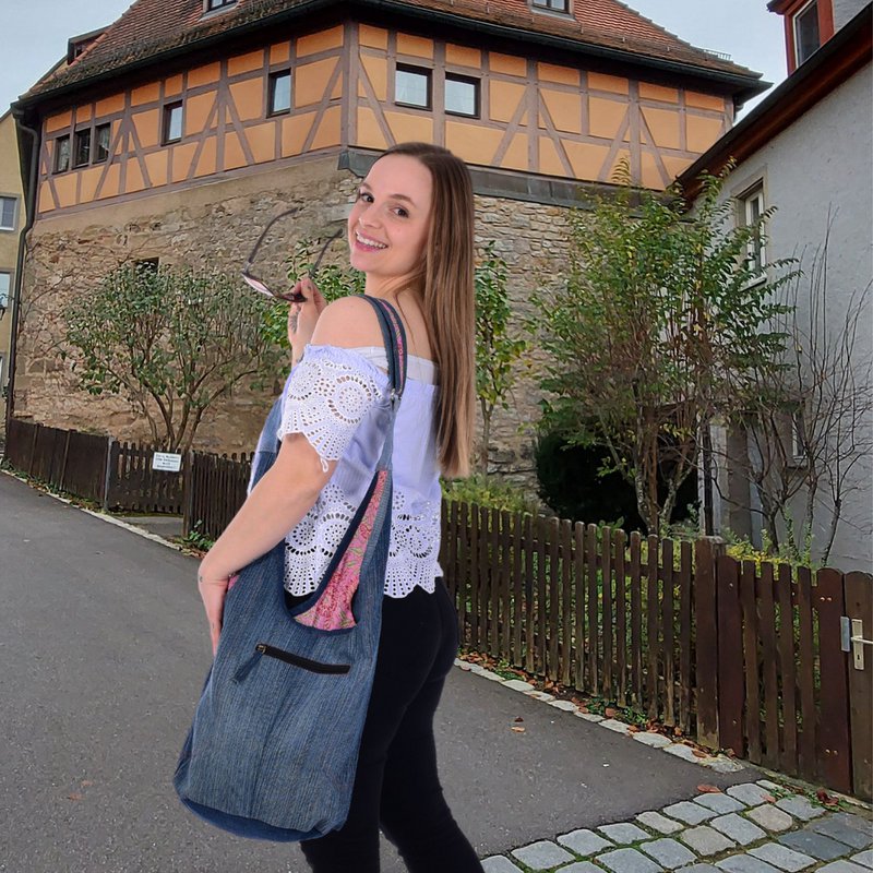 Sunsa sustainable jeans bag. 2-sided portable shoulder bag. Hobo bag. Boho Crossbody Bag