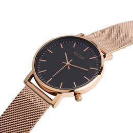 Rose gold-tone ladies' watch with a black dial and a mesh bracelet.
