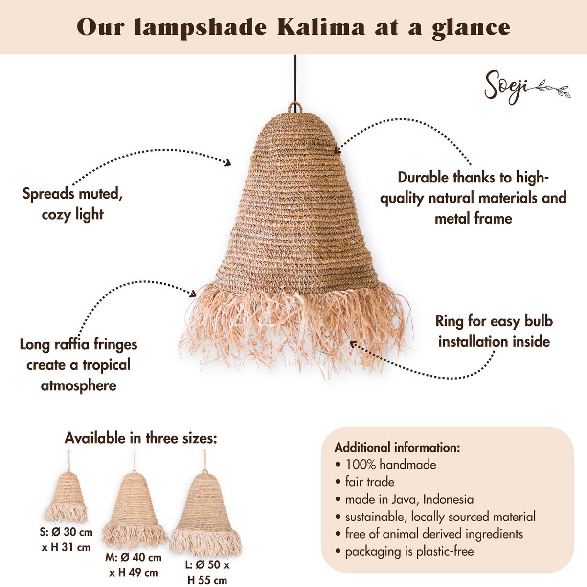Raffia Boho Lampeskærm – Hængelampe – Pendel – Håndvævet loftslampe med lange frynser (3 størrelser Ø 30/40/50 cm) KALIMA