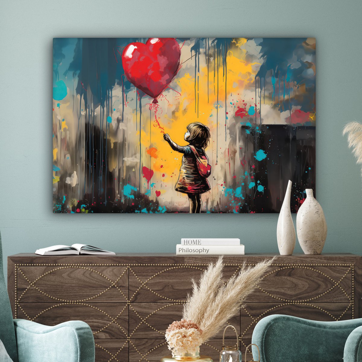 Canvas schilderij  - Wanddecoratie Meisje - Ballon - Hart - Graffiti - Muurdecoratie woonkamer - Slaapkamer decoratie - Kamer accessoires - Schilderijen op canvas