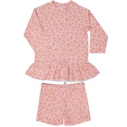  Pink leopard print long sleeve kids bathing suit set with ruffled skirt shorts.