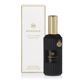 Boutique Roomspray Lotus & Jasmine 100ml, a floral room spray with notes of lotus and jasmine, packaged in a sleek black bottle with gold accents.