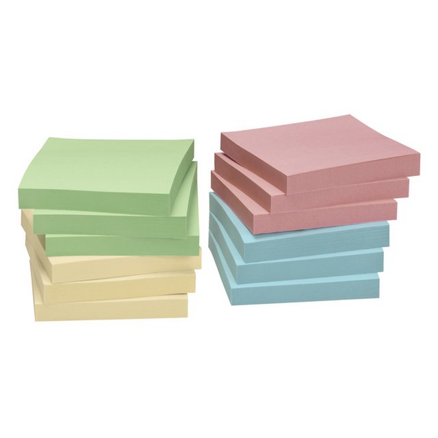 Info notes 75x75mm ass. recycled doos 12 blok geel, groen, rose, blauw