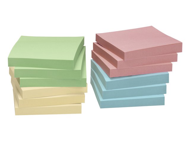 Info notes 75x75mm ass. recycled doos 12 blok geel, groen, rose, blauw