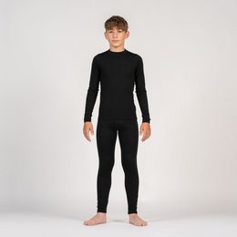 Kids' long sleeve black merino wool set, available in sizes 1-2 years to 10-12 years.