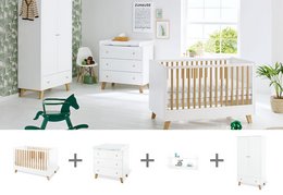 A modern, minimalist nursery set including a crib, changing unit, wardrobe, and wall shelf in a neutral color palette. The crib features a slatted wooden design with a clean, contemporary style.