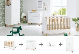 A modern, minimalist nursery set including a crib, changing unit, wardrobe, and wall shelf in a neutral color palette. The crib features a slatted wooden design with a clean, contemporary style.