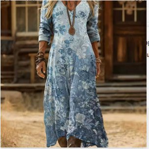 Boho Tie-Dye Akvarel Print V-hals Langærmet Maxikjole