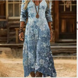 Boho Tie-Dye Akvarel Print V-hals Langærmet Maxikjole