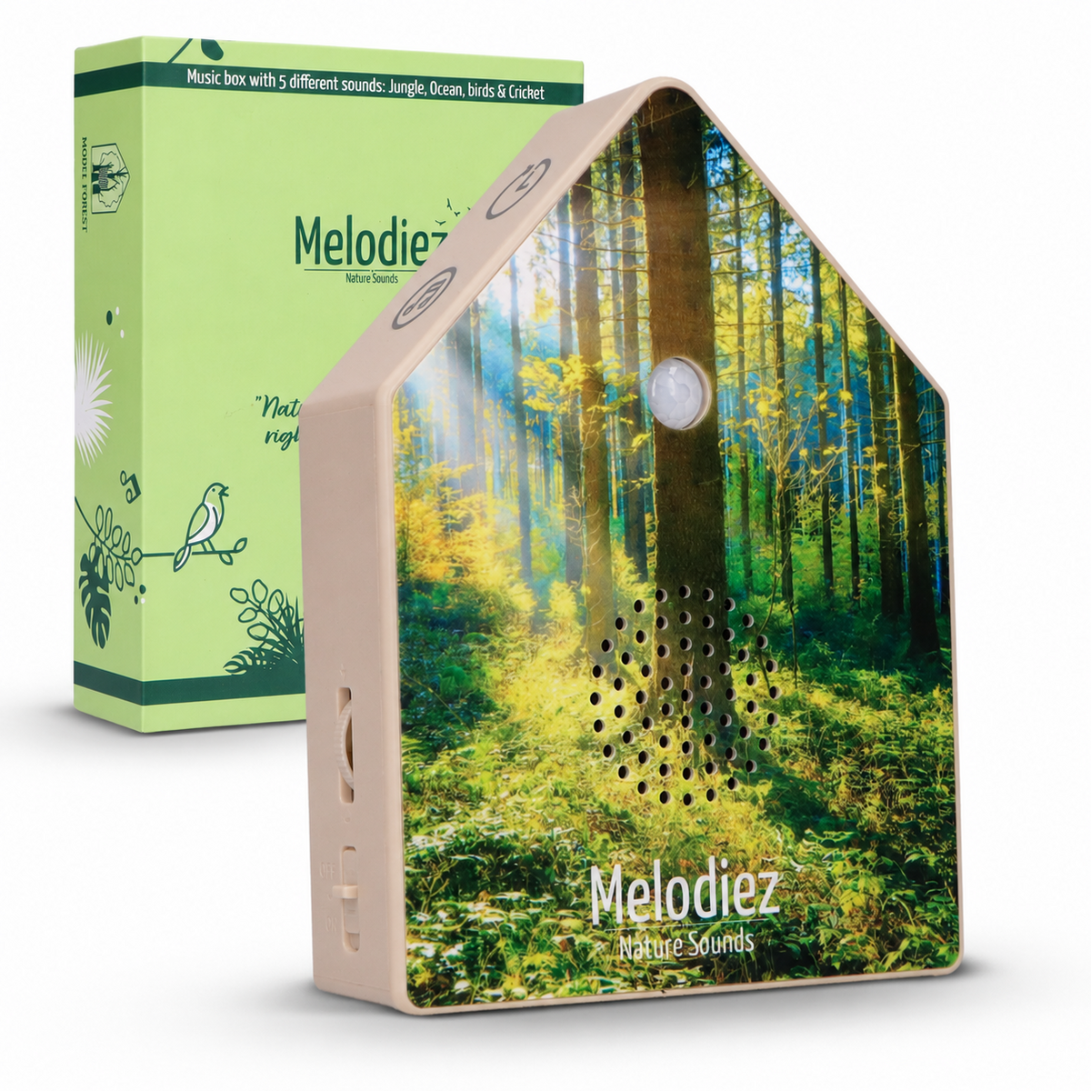 Melodiez Deluxe - Box Incl. Batteries and 5 Natural Bird, Ocean, Cricket and Jungle sounds - Bird Sound House with Sensor
