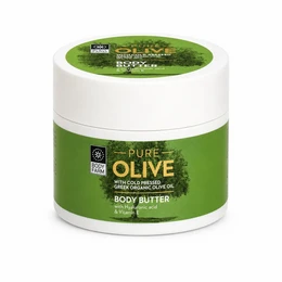 Pure olive body butter, moisturizing cream, green white jar, natural skincare product.