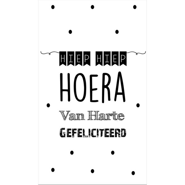 Klein kaartje 5 bij 8.5 cm met tekst hiep hiep hoera van harte gefeliciteerd.