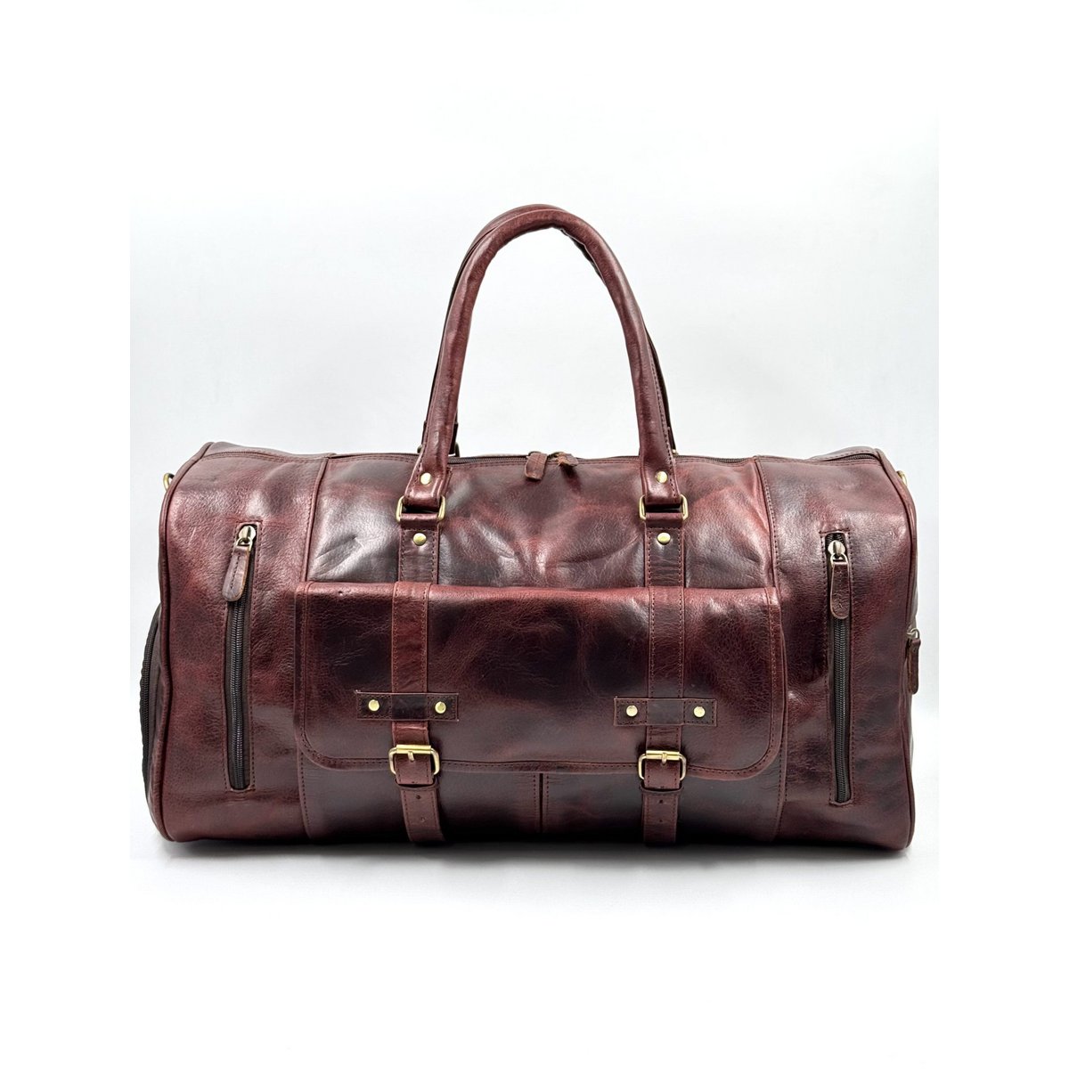 Handmade Moroccan Leather Travel Bag – Artisan 6-Pocket "Burgundy Wine" Duffle with Dedicated Shoe Compartment