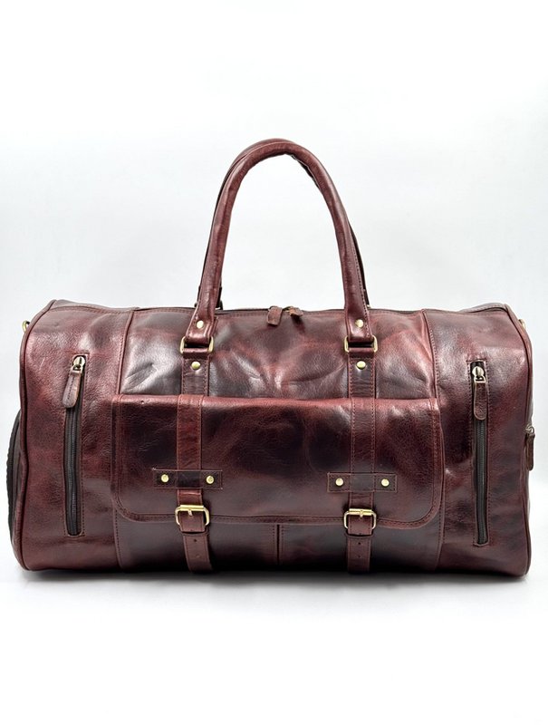 Handmade Moroccan Leather Travel Bag – Artisan 6-Pocket "Burgundy Wine" Duffle with Dedicated Shoe Compartment