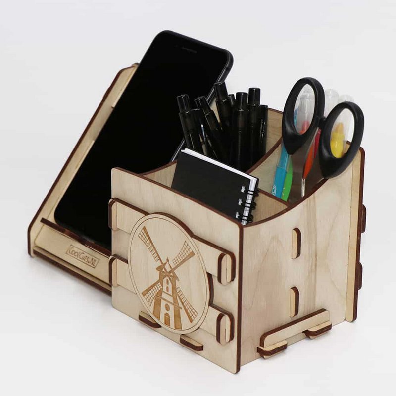 Organiseur de bureau CoolCuts Mill comprenant un support pour mobile/tablette en bois transparent