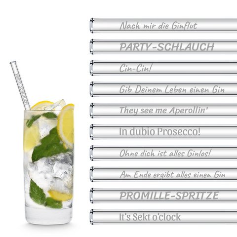 Trinksprüche Glasstrohhalme Cocktail Party Set mit 20 Lustige Sprüchen - 20 Glastrinkhalme