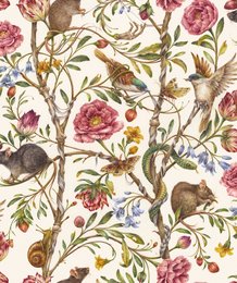 Floral wallpaper with vibrant colors, intricate patterns, and nature-inspired motifs including flowers, leaves, and birds. Suitable for a variety of home decor styles.