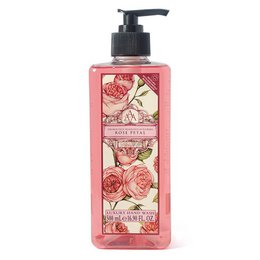  Hand soap with rose petal scent, featuring a floral design on the bottle. Includes a pump dispenser for easy use.