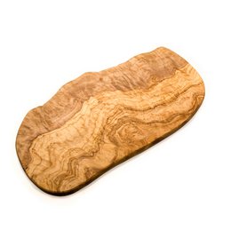 Olive wood serving board, large irregular shape, natural wood grain, rustic style, organic wavy edges, thick wooden platter
