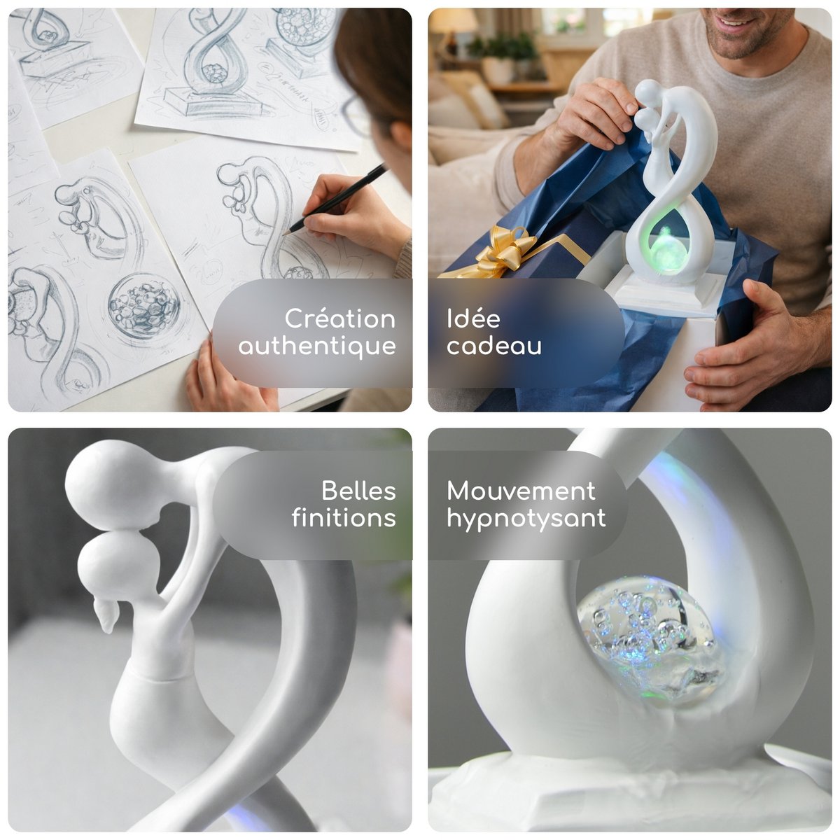 Fuente interior - Amor White - Moderna con luz LED de colores - Escultura de amantes extraíble - Decoración contemporánea para el hogar - Bola giratoria