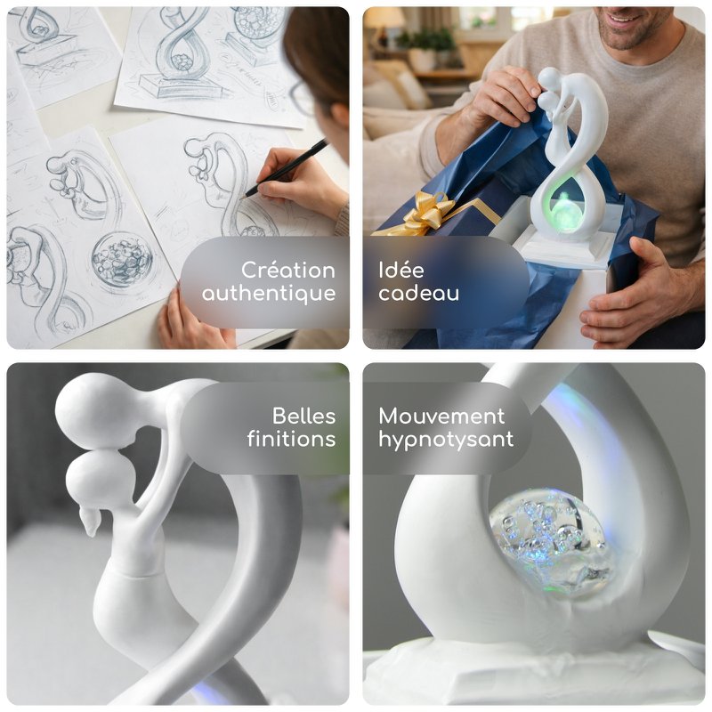 Indendørs springvand - Amor Hvid - Moderne med farverigt LED-lys - Aftagelig Lovers Skulptur - Moderne boligindretning - Roterende bold