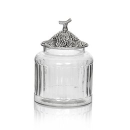 A decorative glass container with a pewter lid, measuring 13.5 x 13.5 x 19 cm. This clear glass jar is suitable for storage purposes.