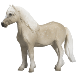 A white Welsh pony toy horse with a long mane and tail.