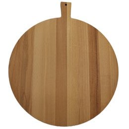 Large round wooden cutting board with a handle, made of light-colored wood.