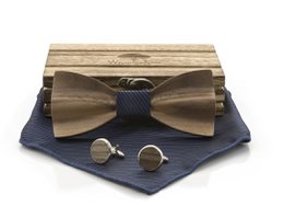 Wooden bow tie in burgundy, blue, denim, and silver colors. Includes matching pocket square and cufflinks.
