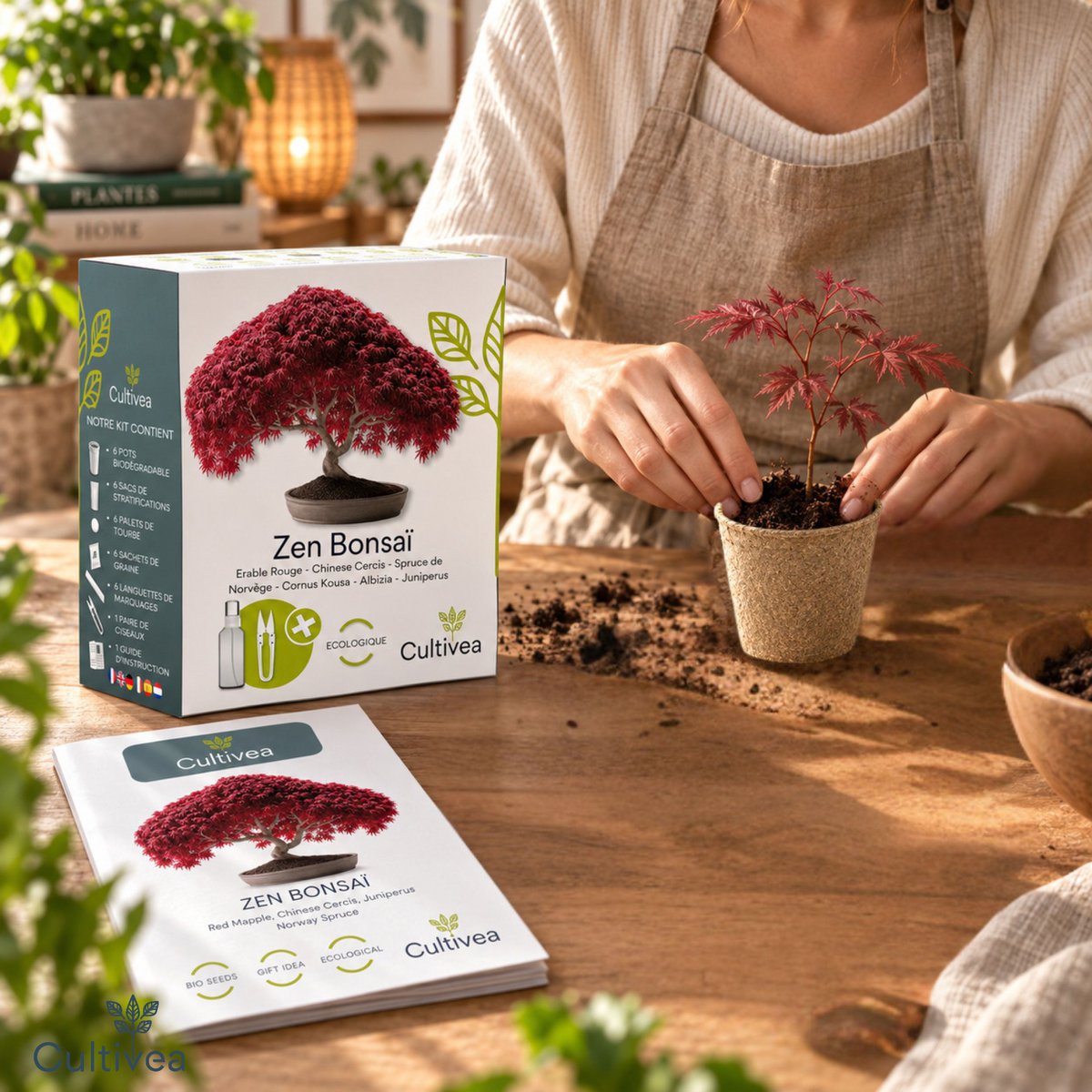 CULTIVEA® Kit Listo para Cultivar 6 Bonsáis - Jardinería y Decoración - Idea de Regalo de Navidad (Arce Rojo, Cercis Chino, Enebro, Liquidambar, Pícea Noruega)