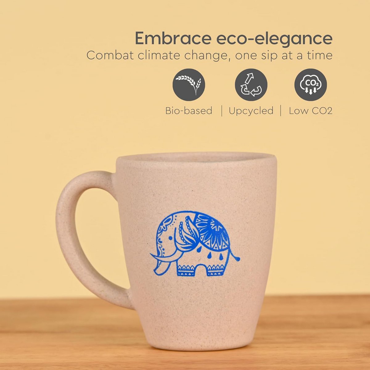 Regali di nozze ecologici per coppie Ecofy | Set da 1 | Regali realizzati con biocomposito di buccia di riso | Tazza e portachiavi stampati con elefante | 300ml| Certificato TUV del castello di sabbia