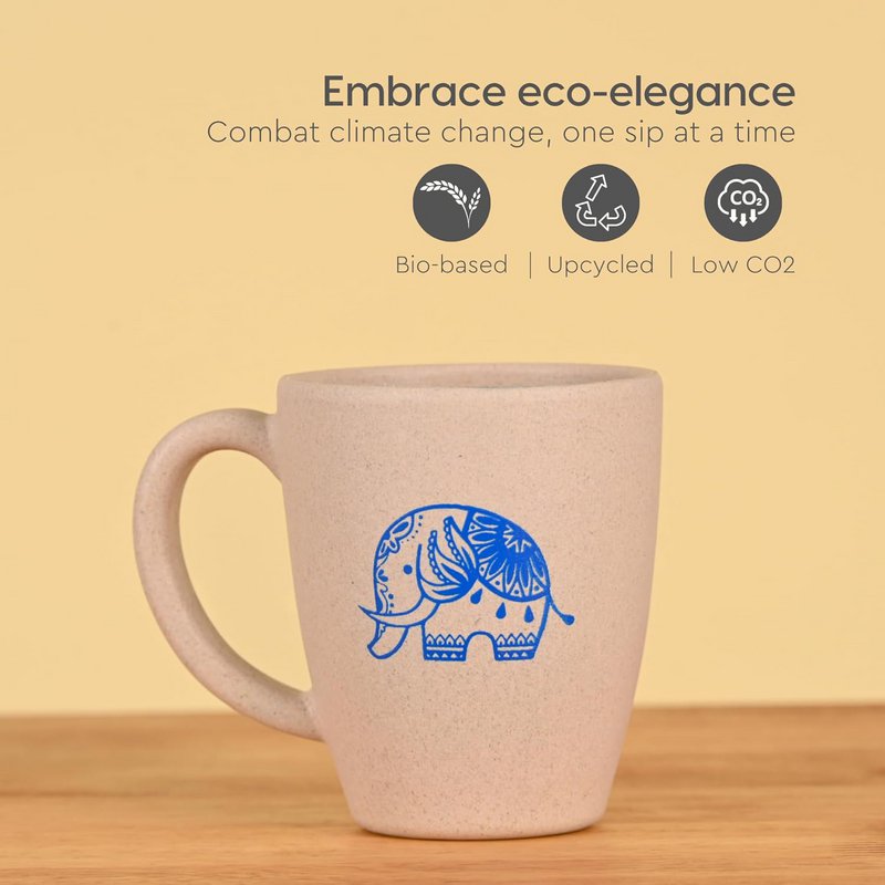 Regali di nozze ecologici per coppie Ecofy | Set da 1 | Regali realizzati con biocomposito di buccia di riso | Tazza e portachiavi stampati con elefante | 300ml| Certificato TUV del castello di sabbia