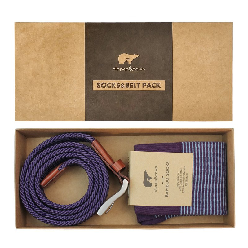 Geschenkdoos riem Bruce en paarse strepen sokken