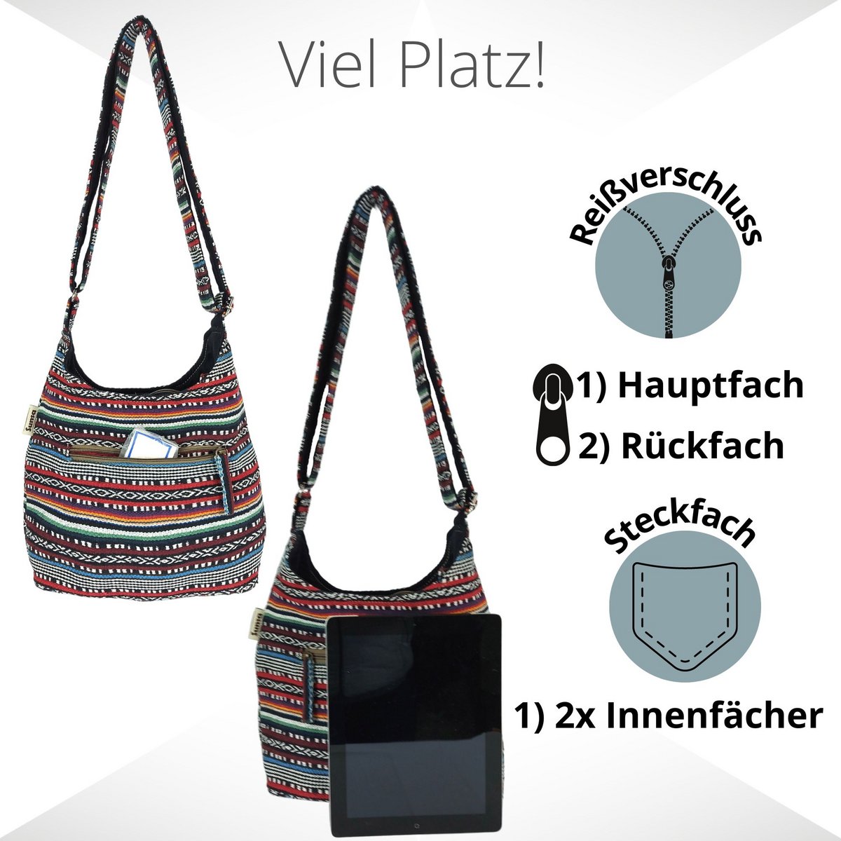 Sunsa hobo tas. Gestreepte geweven katoenen buideltas. Dames/meisjes schoudertas met verstelbaar hengsel. Lichtgewicht grote stoffen tas met ritssluiting.