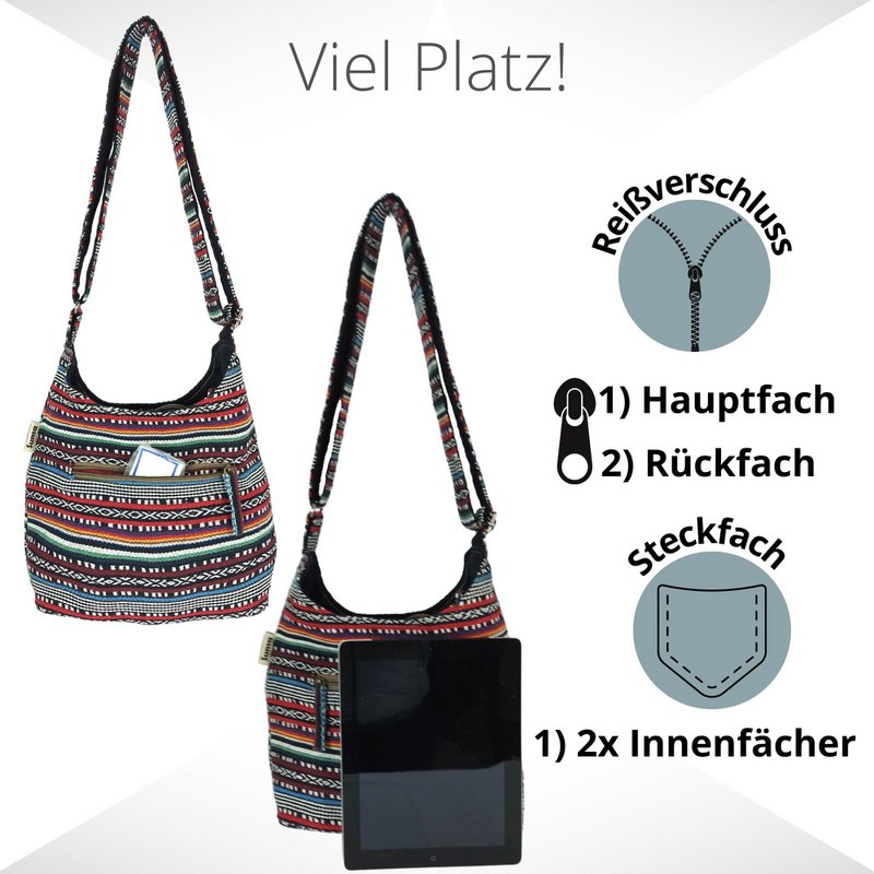 Sunsa hobo tas. Gestreepte geweven katoenen buideltas. Dames/meisjes schoudertas met verstelbaar hengsel. Lichtgewicht grote stoffen tas met ritssluiting.