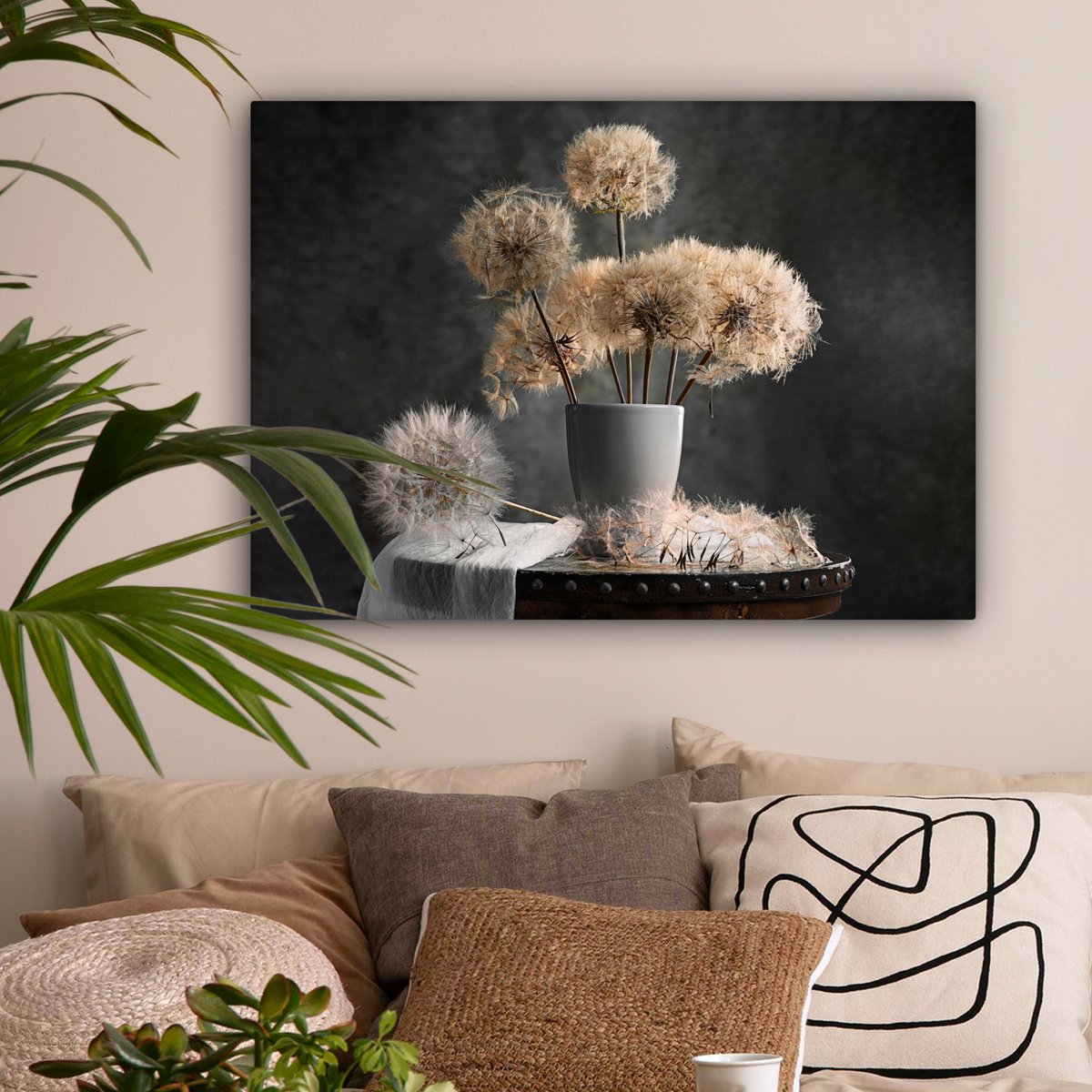 Leinwand Malerei - Wanddekoration - Blumensamen - Löwenzahn - Vase - Stillleben - Bouquet