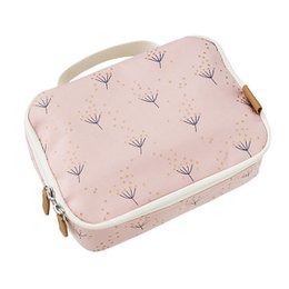 A pink cooler bag with a dandelion pattern, suitable for carrying kids' lunches.