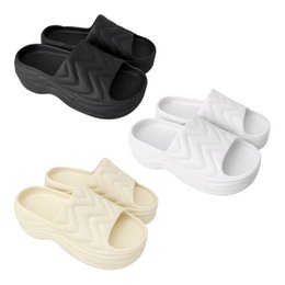 Chunky platform slippers with wave pattern, black white beige, comfortable cushioned sole, women's slides.
