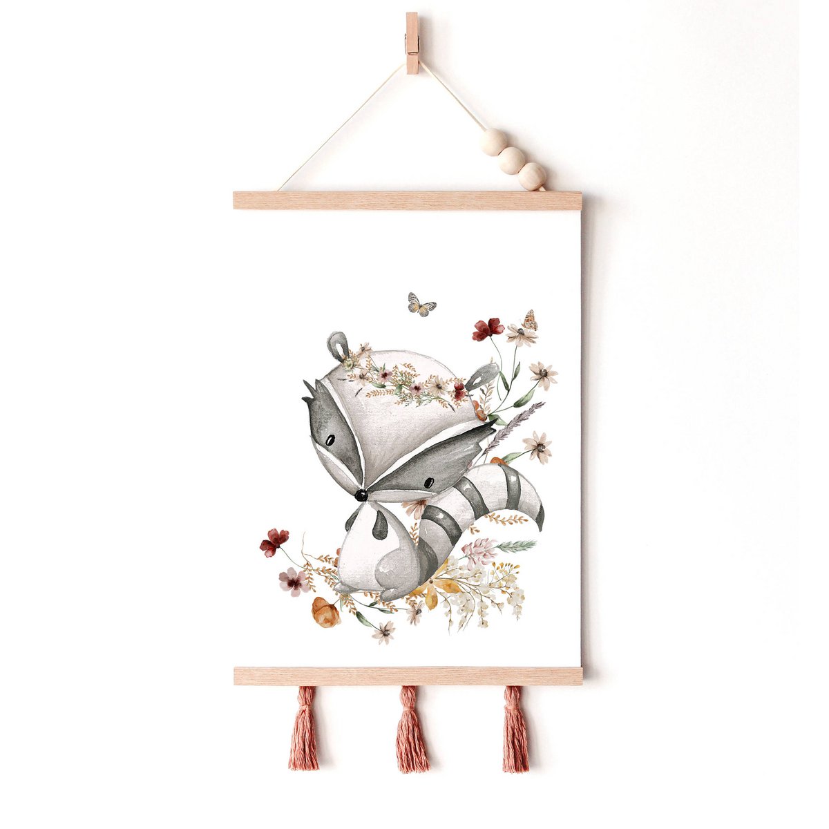 Impresión de vivero de mapache, póster de mapache, impresión de vivero floral, póster de animales del bosque, impresión de flores silvestres, póster de vivero de niñas, habitación de niñas