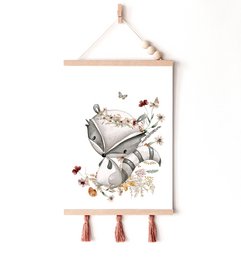 Impresión de vivero de mapache, póster de mapache, impresión de vivero floral, póster de animales del bosque, impresión de flores silvestres, póster de vivero de niñas, habitación de niñas