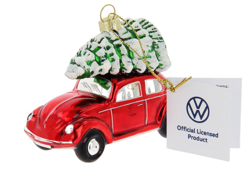 Volkswagen VW Beetle Glasdekoration/Weihnachtsschmuck in Geschenkbox – Rot mit Baum