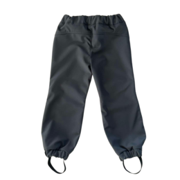 Grey softshell kids pants with adjustable waist and leg cuffs.