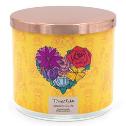 A large, round, yellow scented candle with a colorful heart-shaped floral design on the label. The candle is described as the "Frida Kahlo Essence of Life" scented candle, weighing 400g.
