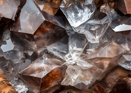 Smoky quartz gemstone greeting card with intricate crystal formations in shades of brown and gray.