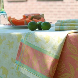 Linen napkin Paradise birds - peach pink acacia, 45x45cm