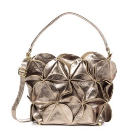  Genuine leather lacquered suede tote bag in bronze or silver color, featuring a geometric floral pattern design.
