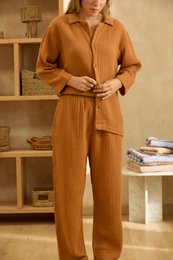 "Terracotta orange muslin pajama set, long sleeves, button-up shirt, relaxed fit, comfortable loungewear"